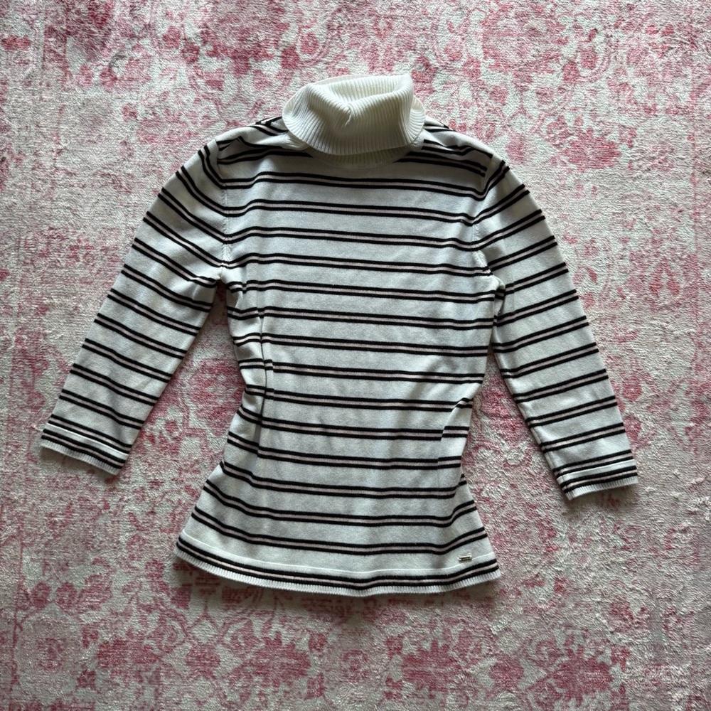 Tommy Hilfiger White Turtleneck Sweater with Black and Pink Stripes
